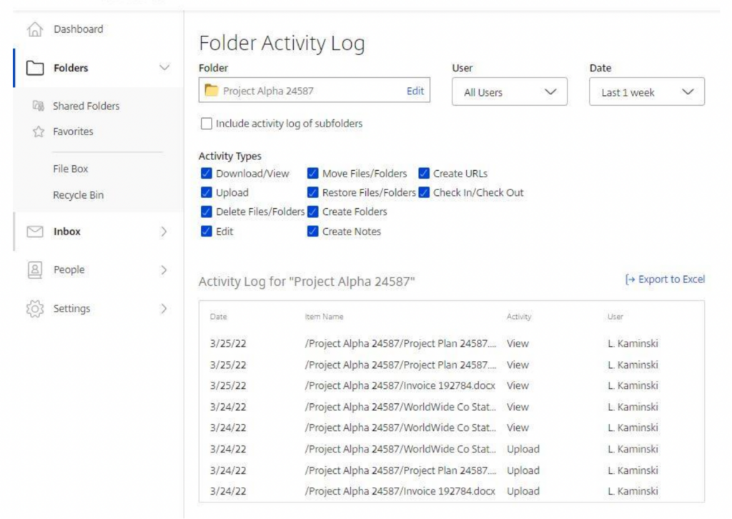 Folder activity log